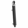 Black cylindrical motorcycle muffler with rounded end cap and mounting brackets on the side.