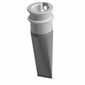 Silver and black metal muffler tip spark arrestor with cylindrical top and elongated bottom mesh screen.