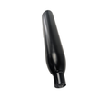 Black cylindrical rear muffler with tapered end and matte finish for motorcycle exhaust system.