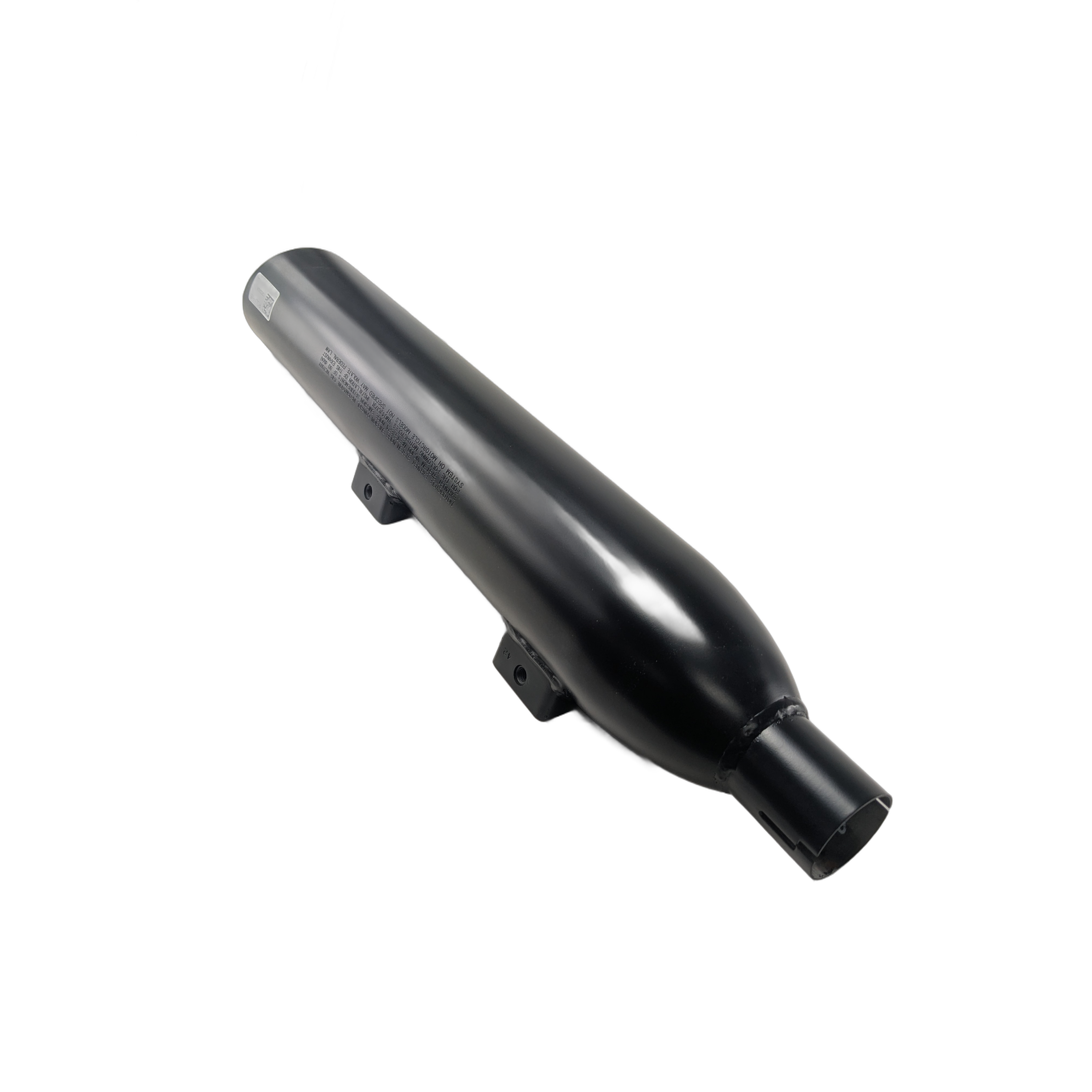 Matte black cylindrical front muffler with tapered ends and mounting brackets for cruiser motorcycles.