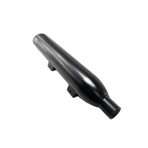 Matte black cylindrical front muffler with tapered ends and mounting brackets for cruiser motorcycles.