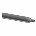 Matte black metal front muffler with tapered cylindrical shape and narrow outlet end.