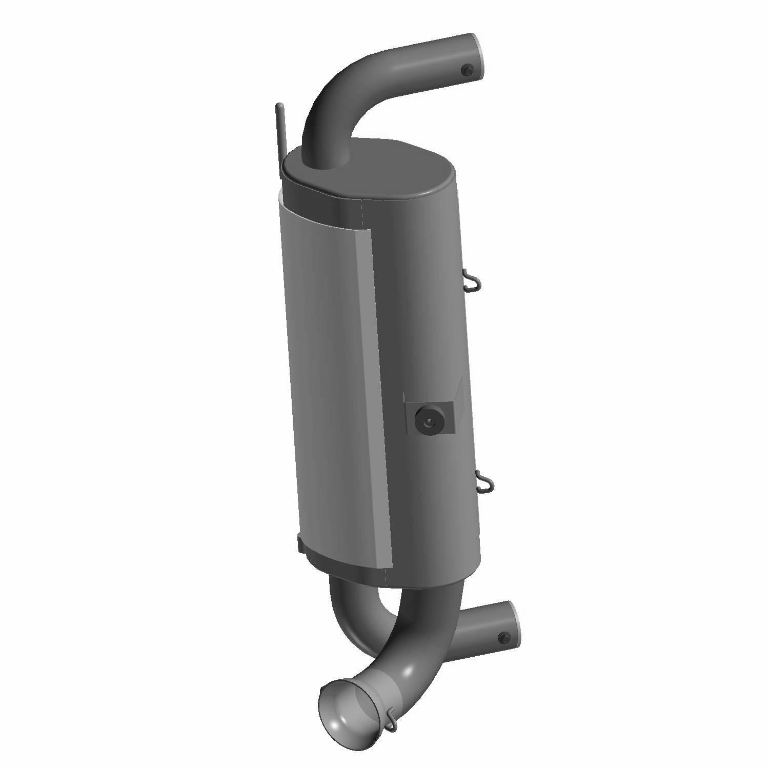 Matte black cylindrical off-road vehicle silencer with curved inlet and outlet pipes.