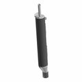 Black cylindrical motorcycle muffler with silver mounting flange and angled outlet pipe.