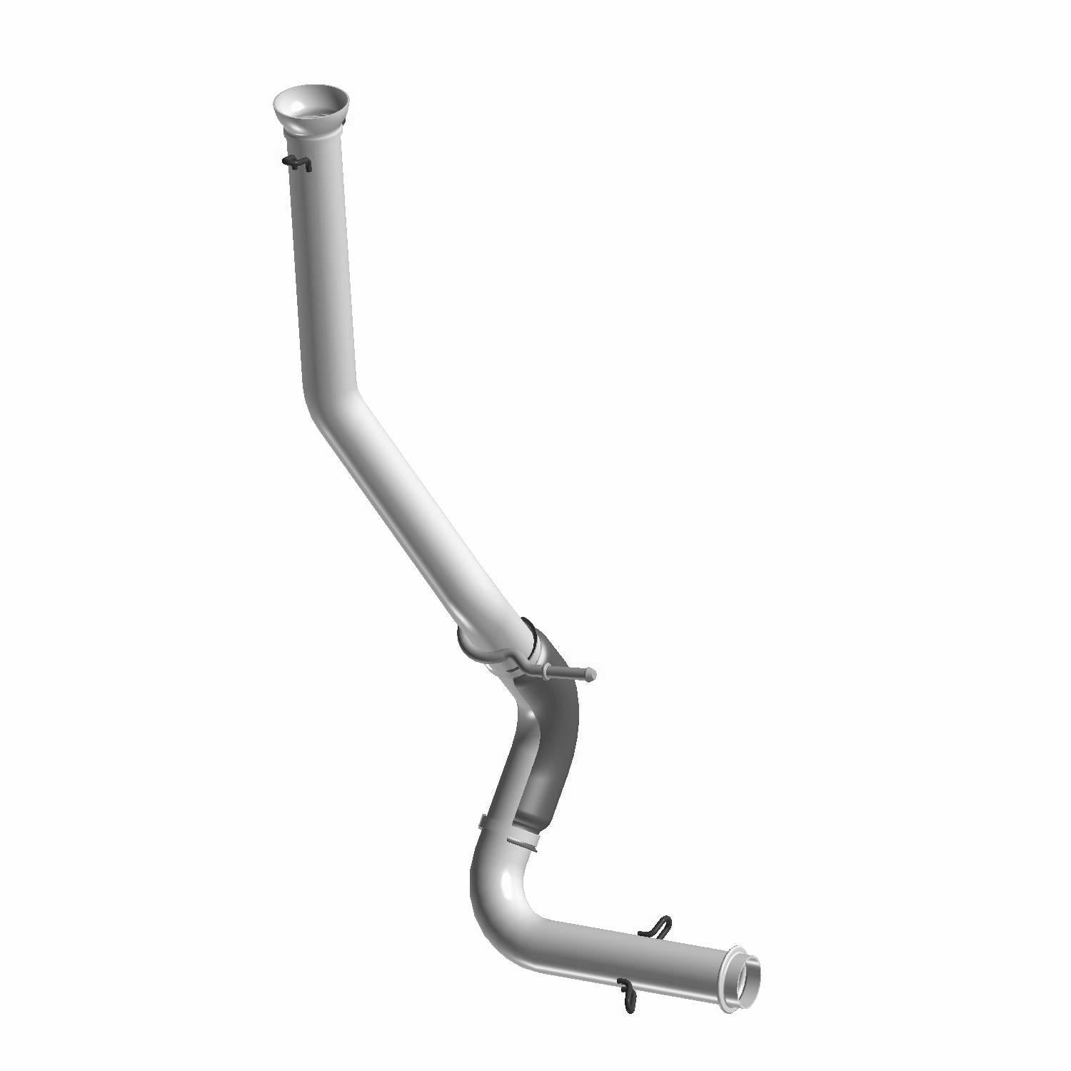 Silver metal midpipe exhaust component with curved tubular design and mounting bracket.