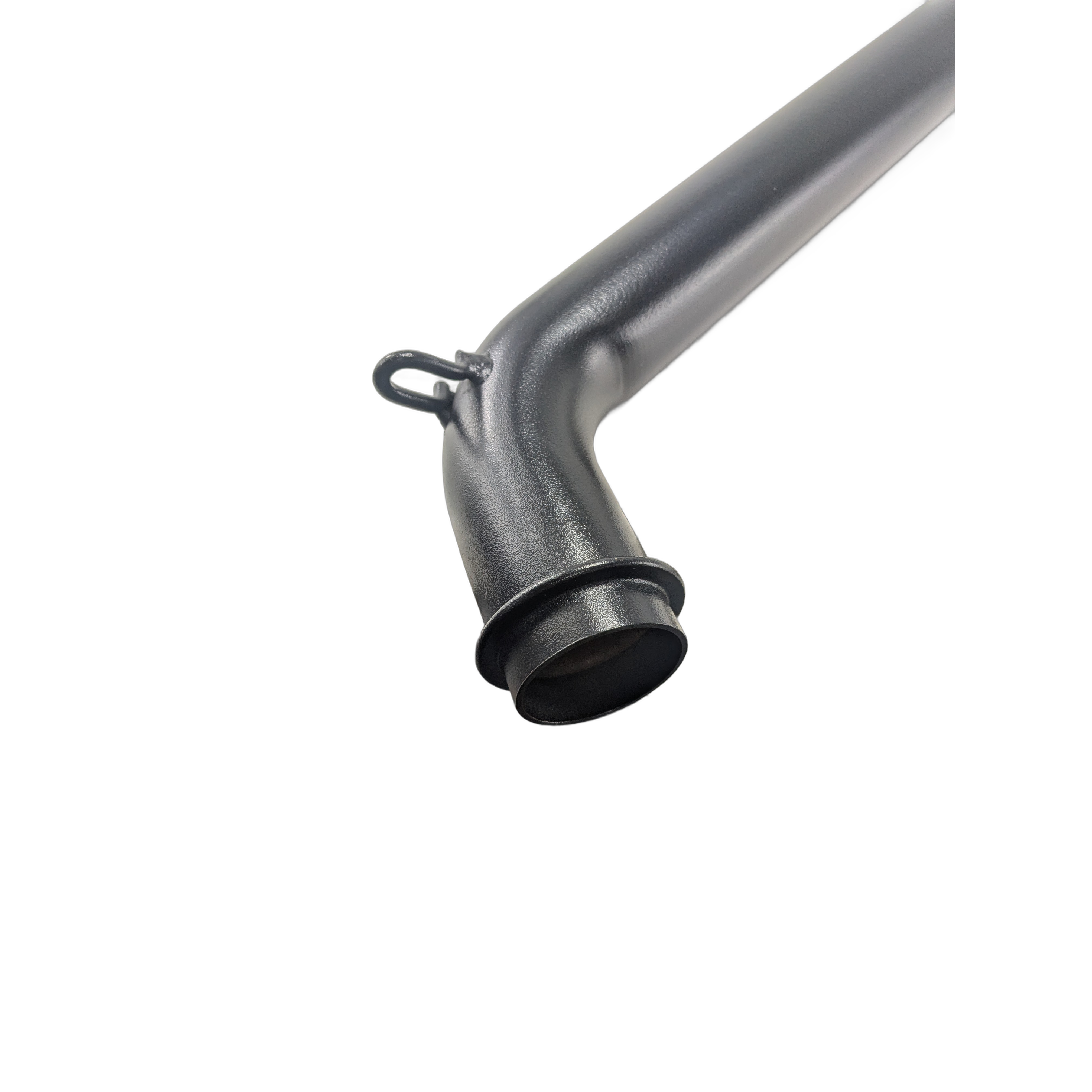 Black metal exhaust headpipe with a curved shape and mounting hook at the rear end.