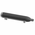 Matte black cylindrical lower muffler with chrome end caps and mounting brackets.