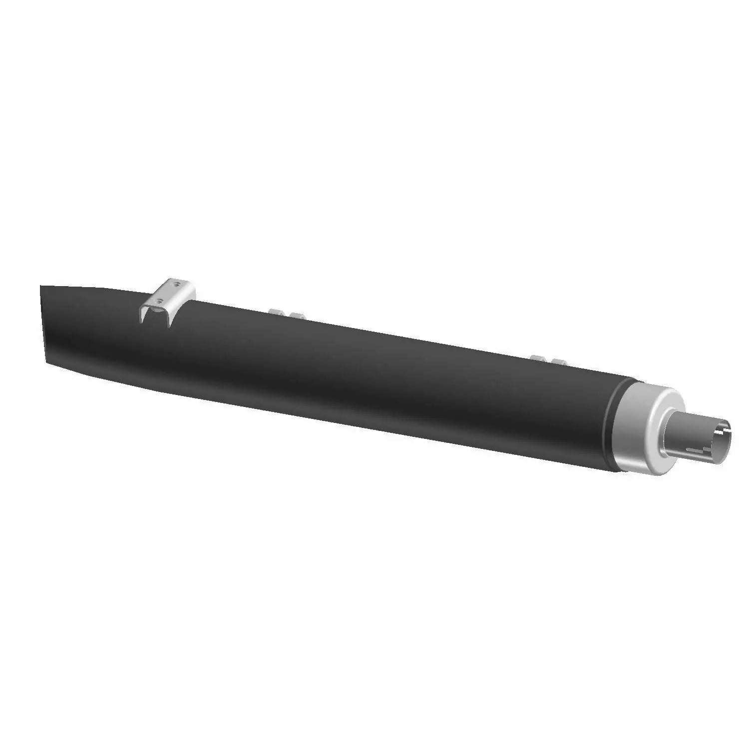 Matte black cylindrical touring muffler with silver mounting brackets and a polished silver exhaust tip.
