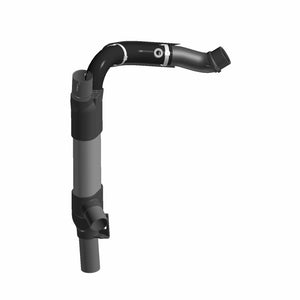 A 3D-rendered image of a black and gray automotive exhaust pipe system, resembling the Exhaust Headpipe, Rear, Chrome by Polaris, featuring multiple bends and connectors against a plain white background.