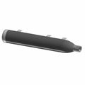 Matte black cylindrical upper muffler with chrome end caps and three mounting brackets.