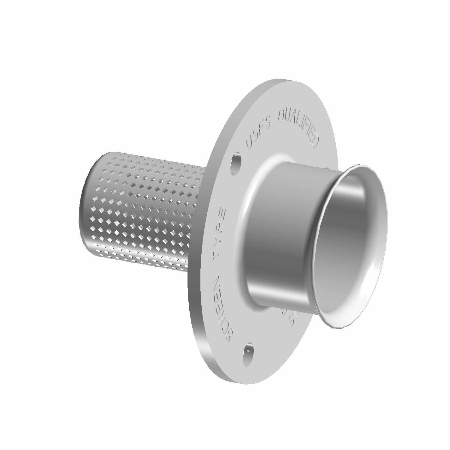 Silver metal spark arrestor with perforated cylindrical mesh and flat circular flange.