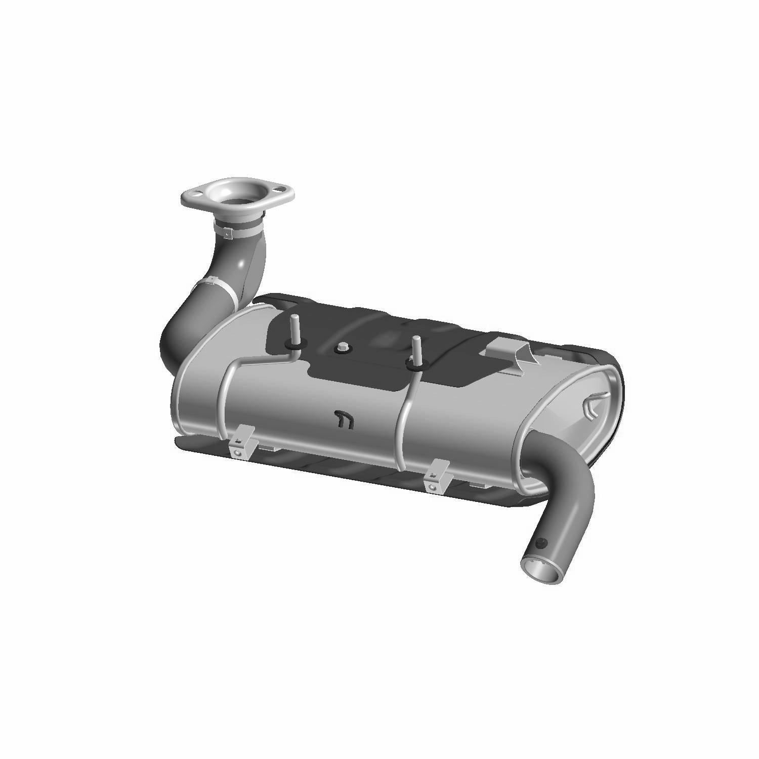 Matte black and silver off-road UTV exhaust silencer with cylindrical body and curved inlet and outlet pipes.