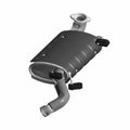 Black rectangular metal silencer with curved exhaust pipe and mounting brackets for Polaris Ranger UTV.