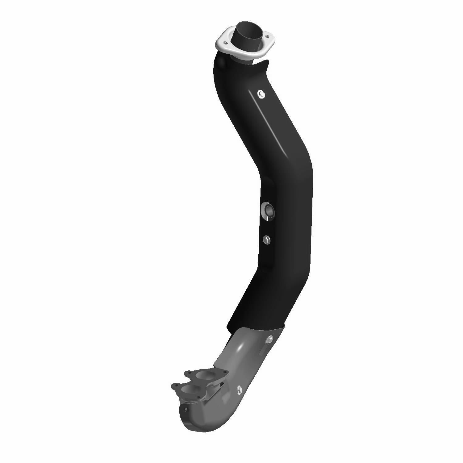 Black and silver curved metal headpipe with mounting flanges and attachment points for Polaris Ranger UTV.