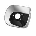 Chrome-finished metal exhaust tip with black mounting plate and central circular opening.