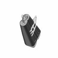 Black cylindrical motorcycle muffler with a mounting bracket and silver inlet pipe.
