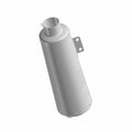 Black cylindrical lower muffler with mounting bracket and exhaust outlet for motorcycle.
