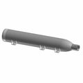 Black cylindrical motorcycle muffler with chrome end caps and three mounting brackets.