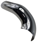 Curved chrome motorcycle exhaust shield with a glossy finish and tapered end.