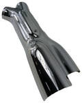 Polished chrome motorcycle exhaust shield with a tapered curved shape and mounting holes.