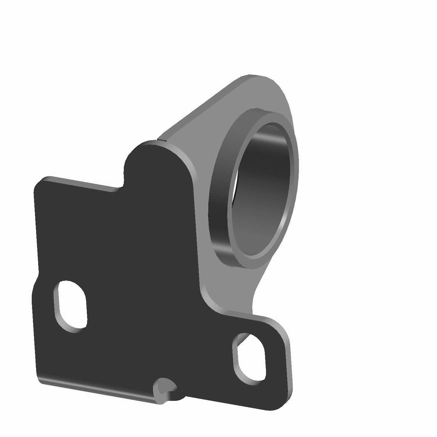 Black and gray metal lower exhaust mount bracket with two mounting holes and a circular clamp opening.
