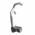Silver metal resonator collector pipe with integrated black muffler for motorcycle exhaust system.