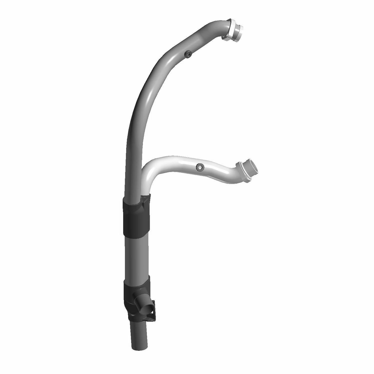 A 3D-rendered image of the Exhaust Headpipe, Chrome Intl by Polaris, featuring a curved metallic design with two branching tubes and connector ends, set against a white background—perfect for Polaris or Indian motorcycle use.