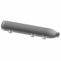 Matte black cylindrical motorcycle muffler with three mounting brackets and a tapered outlet end.