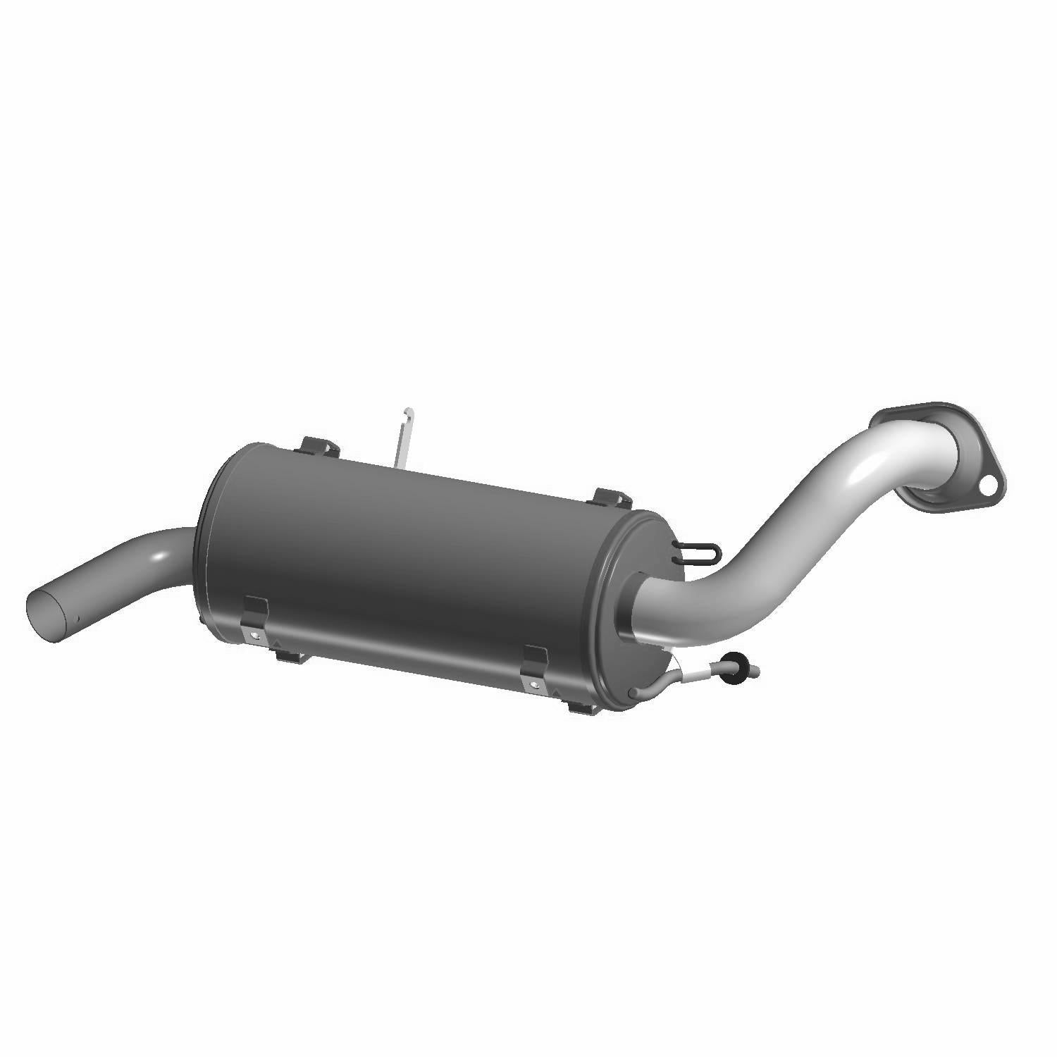 Matte black cylindrical Polaris exhaust muffler with curved silver inlet pipe and mounting brackets.