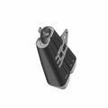 Black metal motorcycle muffler with a sleek, cylindrical design and mounting bracket.