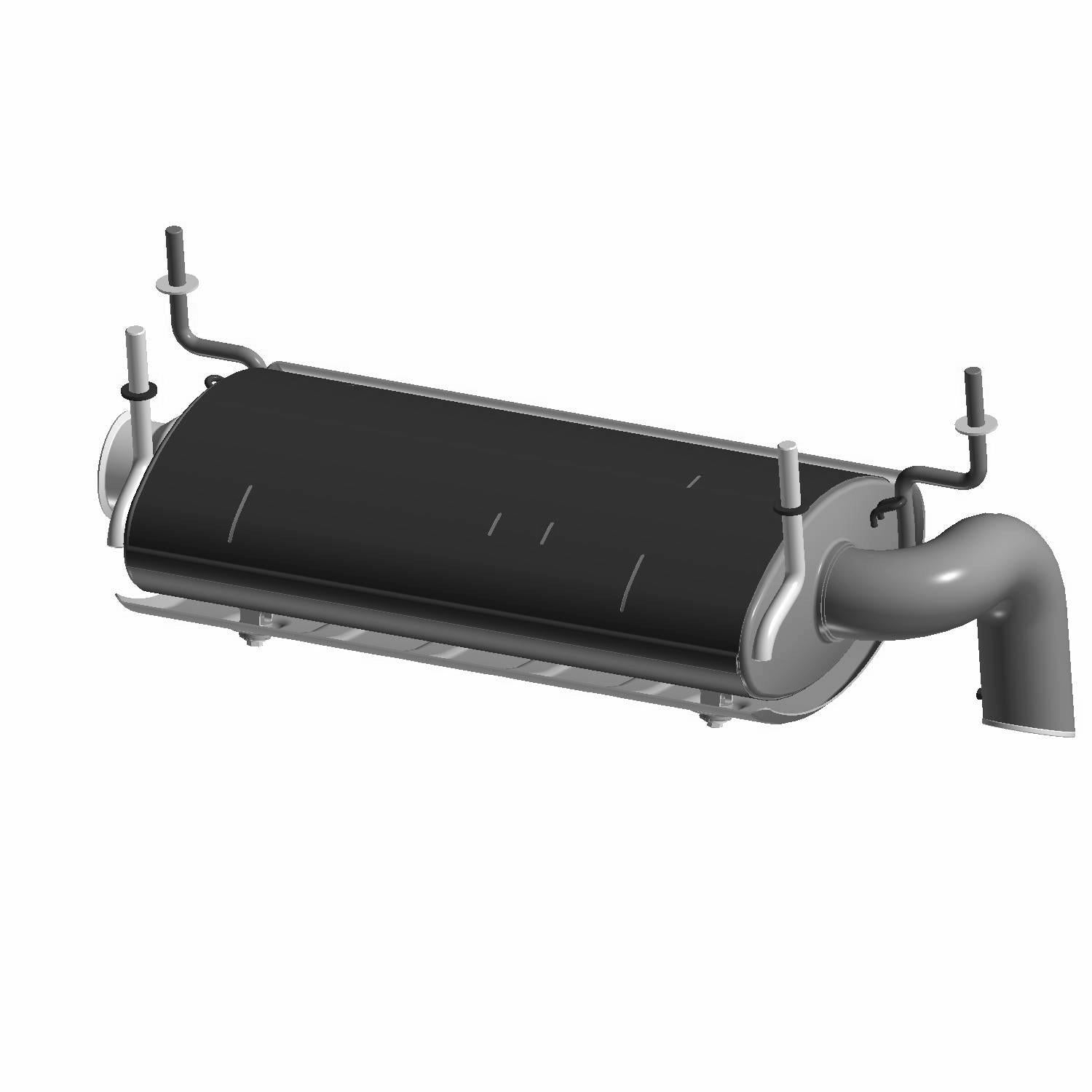 Black cylindrical off-road vehicle silencer with metallic mounting brackets and curved exhaust pipe.