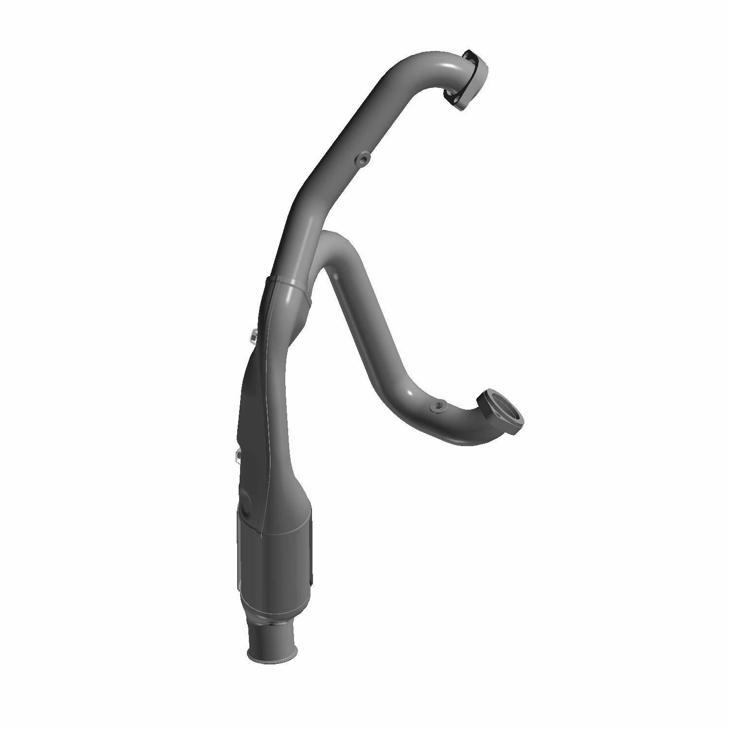 A 3D-rendered image of a metallic exhaust pipe with multiple curves and openings, set against a plain white background—perfect for showcasing the design of the Exhaust Headpipe Intl by Polaris.