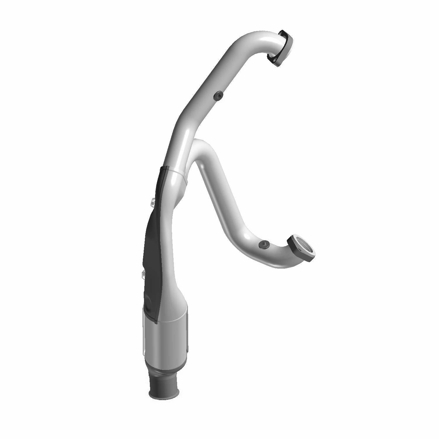 A 3D-rendered image of a metallic, Y-shaped Exhaust Headpipe by Polaris with two curved outlets and a wide base, designed for use in automotive or mechanical systems.