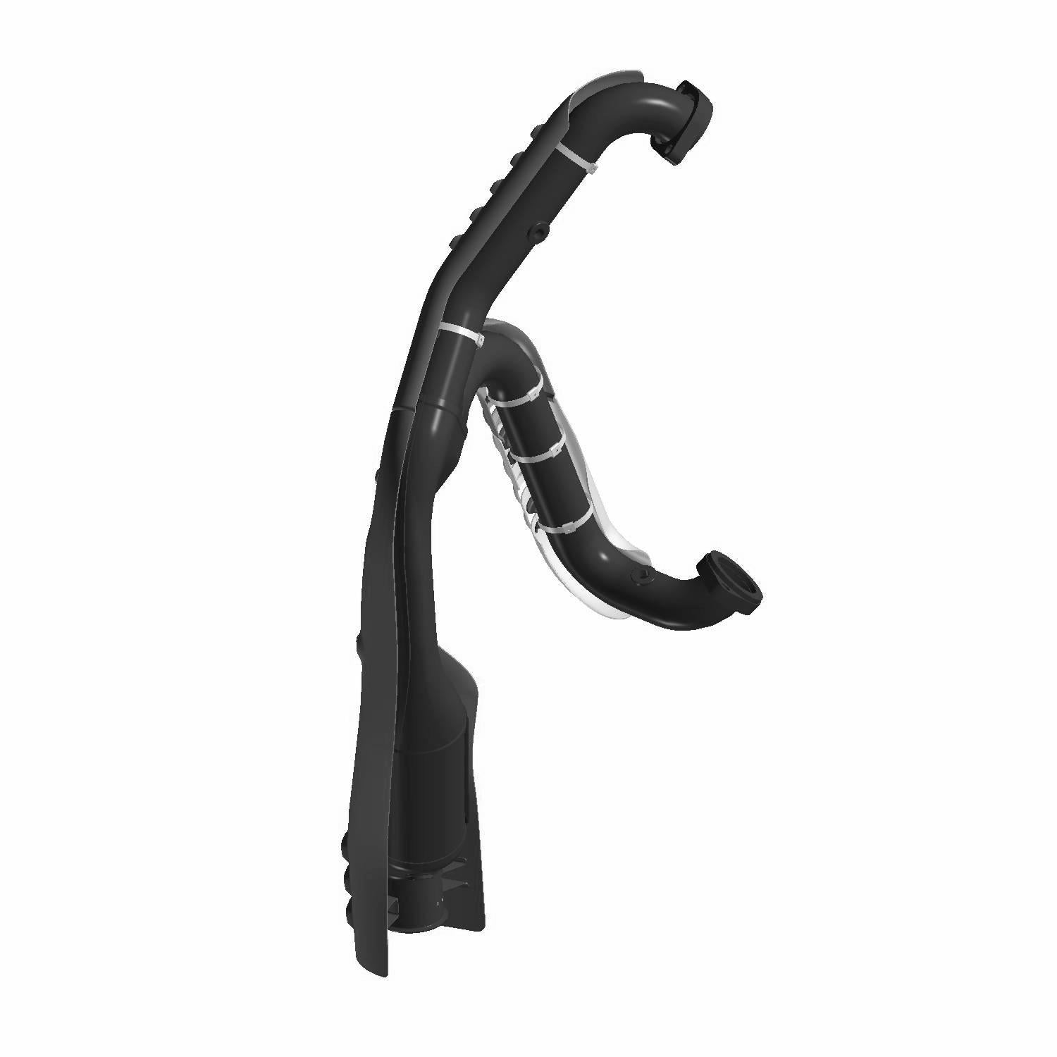 A black Exhaust Headpipe with shields (13-17) by Polaris features a curved, ergonomic design for optimal performance and comfort, similar to factory-direct components for reliable functionality.