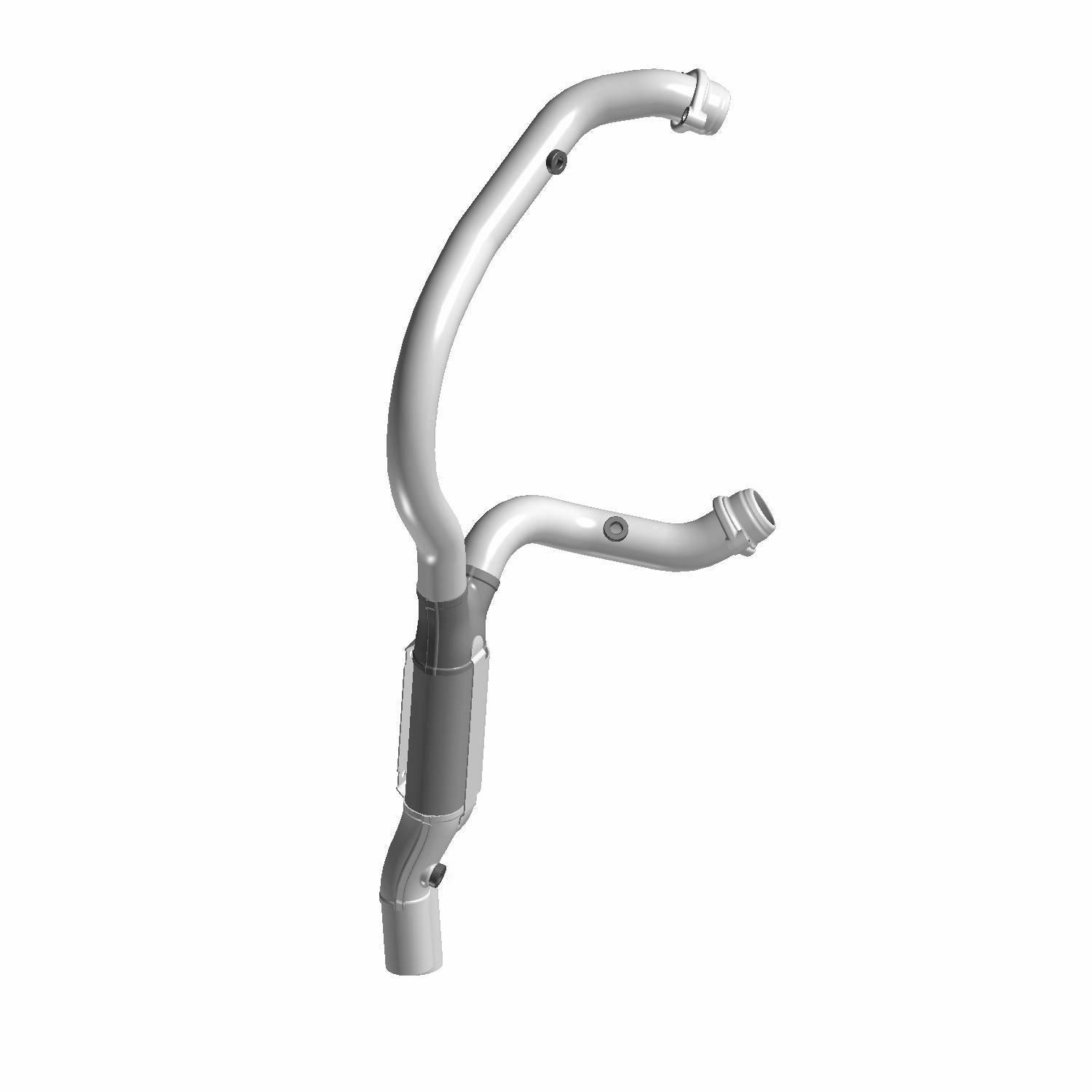 A 3D rendering of the Exhaust Headpipe Intl by Polaris shows its metallic, curved design with multiple bends and a heat shield—perfect for those seeking genuine Polaris parts at Witchdoctors.com.