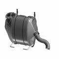 Black metal exhaust silencer with curved outlet pipe and mounting brackets.