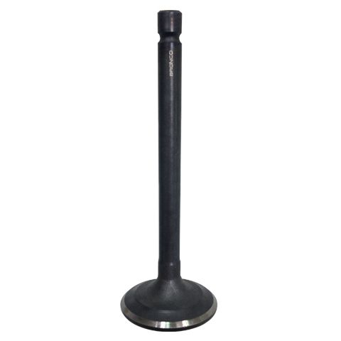 The Yamaha Grizzly/Raptor/Champ/Badger Exhaust Valve by Bronco features a long cylindrical stem and flat, round head with a smooth, reflective seat edge, designed for ATV internal combustion engine exhaust systems.