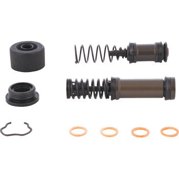 The All Balls Brake Master Cylinder Rebuild Kit includes two metal cylinders with springs, four copper washers, a circular clip, and two EPDM rubber caps—perfect for master cylinder repairs—arranged on a white background.