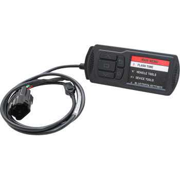 The Kawasaki Power Vision 3 ECU Tuner by Dynojet is a handheld device with a display, navigation buttons, and cable. Its screen menu includes “Flash Tune” and “Vehicle Tools” for loading performance tunes or using tuning features.