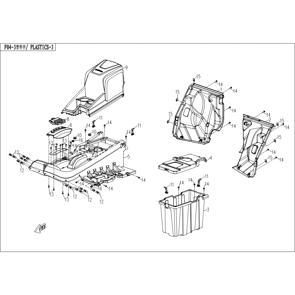 An Image of a Genuine CFMOTO Parts Schematic Diagram showing the schematic - MIDDLE PLASTIC - 2017 CFMOTO UFORCE 800 EPS