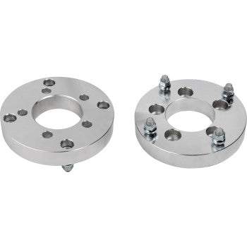 Two Adapter Wheel Spacer 5-4.5 4 156 1.25 by Moose Offroad, featuring silver metal and circular holes for bolts, are shown side by side on a white background to enhance wheel stability.