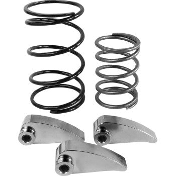 Displayed on a white background are two different-sized metal coil springs and three small silver rocker arms from the Polaris Clutch Kit by Epi—an ideal upgrade for better ATV/UTV acceleration while trail riding.
