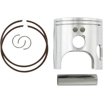 The Yamaha YFS200 Blaster Piston Kit (66.00 mm, Wiseco) includes a silver high-silicon aluminum alloy piston, two piston rings, two circlips, and a cylindrical wrist pin, all displayed on a white background.
