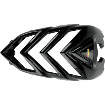 The Hood Cover YFMR Black by Maier is a black high-density polyethylene automotive accessory with three bold chevron-shaped cutouts, shown on a white background.