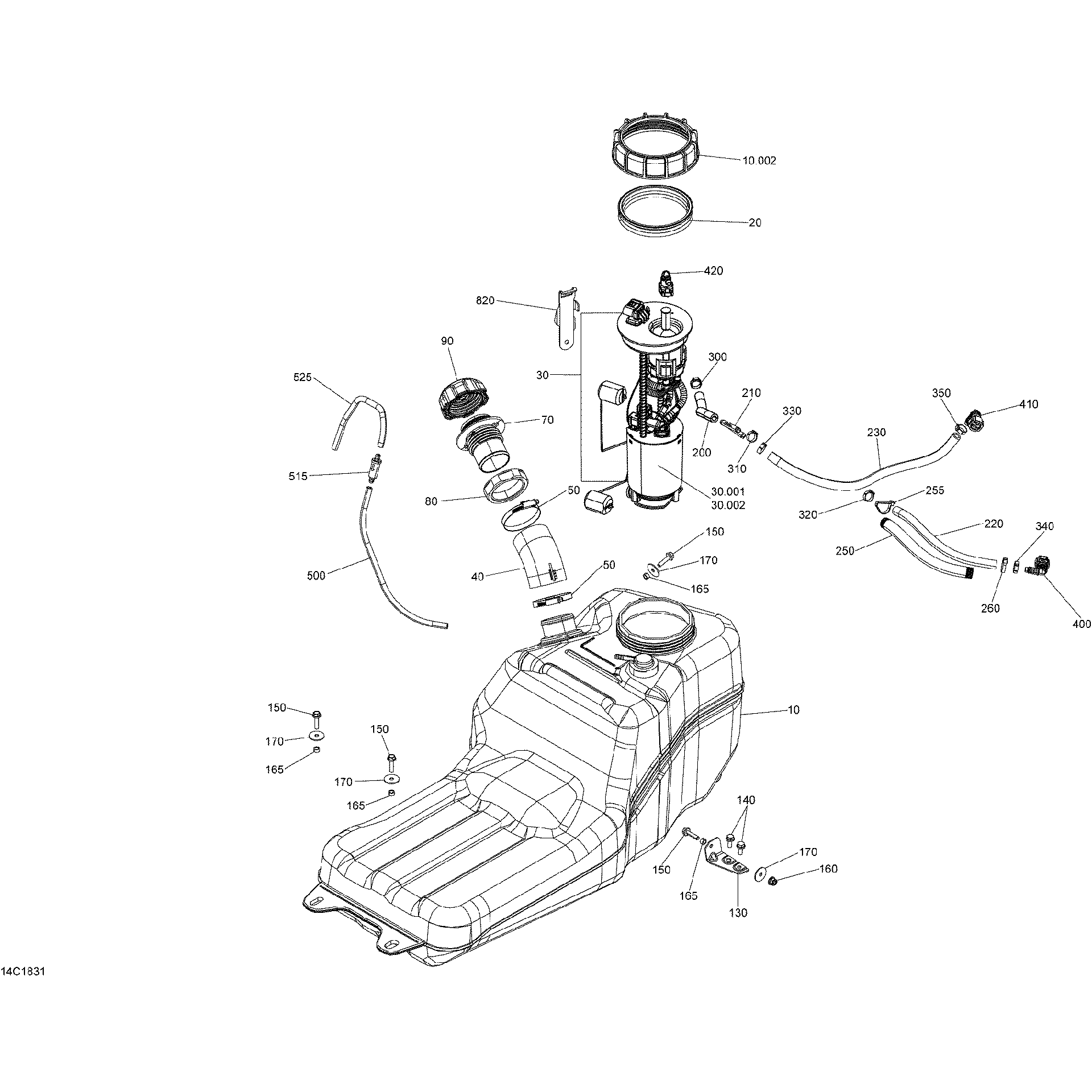 An Image of a Genuine Can-Am Parts Schematic Diagram showing the schematic - FUEL MAVERICK TRAIL - NOEVAP MODEL