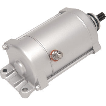 Silver cylindrical Polaris starter motor with mounting bracket and gear shaft by Rick's Motorsport Electric.