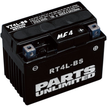 The AGM Battery RTX4LBS .18 L by Parts Unlimited is a black, maintenance-free battery with terminal posts and detailed labels on top and front, designed for reliable performance.