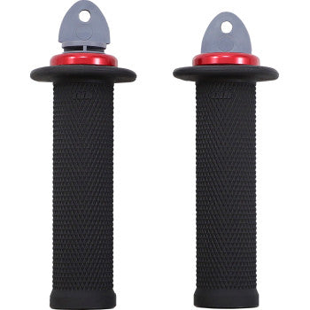 Two black ATV Ruffian PWC Grips by Odi with red rings stand upright on a white background, featuring V2.1 Lock-Jaw Clamps for a secure Lock-On Grip System—ideal for racing.