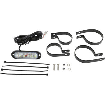 Compact black oval Polaris reverse light with clear lens, three LED bulbs, wiring harness, four black metal mounting.