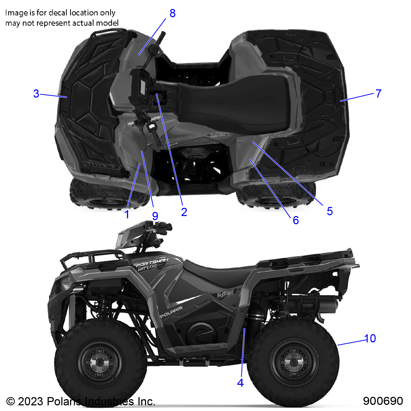 An Image of a Genuine Polaris Parts Schematic Diagram showing the schematic - BODY: DECALS GENERAL - 2023 POLARIS SPORTSMAN 570 EPS